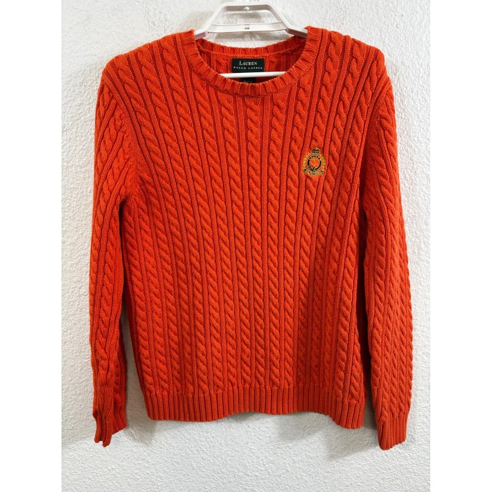 Lauren Ralph Lauren Orange Cable‎ Knit Crest Sweater Medium Cotton Long Sleeve